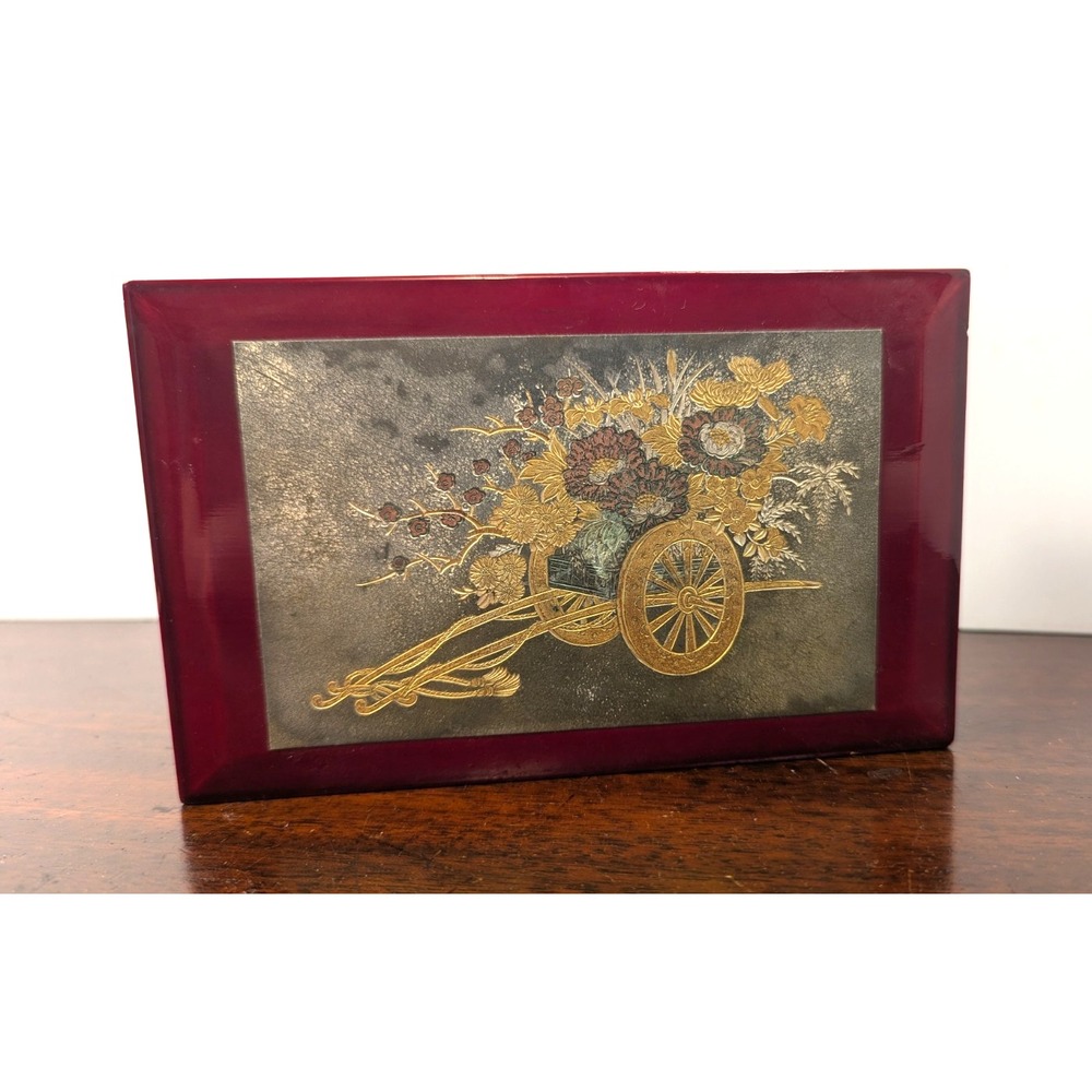 Vintage Westland Co Japan Red Lacquer Musical Jewelry Box Floral Cart Evergreen - Picture 5 of 11
